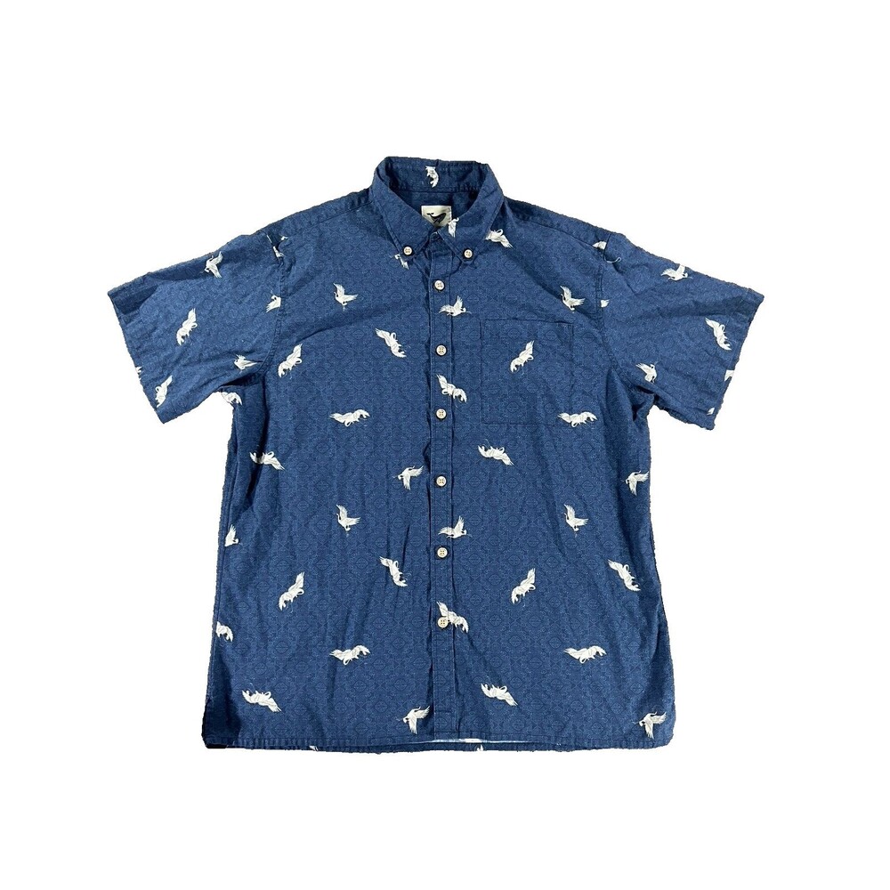 Yiume Men’s Hawaiian Blue Shirt Floral Tropical Button Up Japanese Crane XL